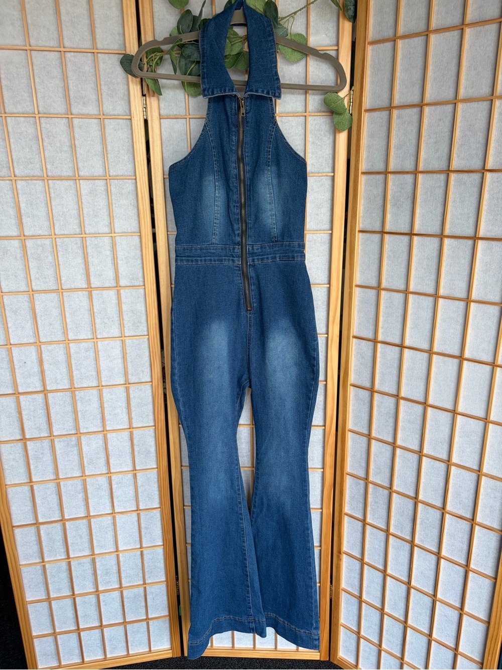 SHEIN Dark Blue Denim Halter Jumpsuit with Front Zip